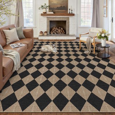 PureCozy 8x10 Black Checkered Washable Area Rug Indoor Outdoor Non Slip
