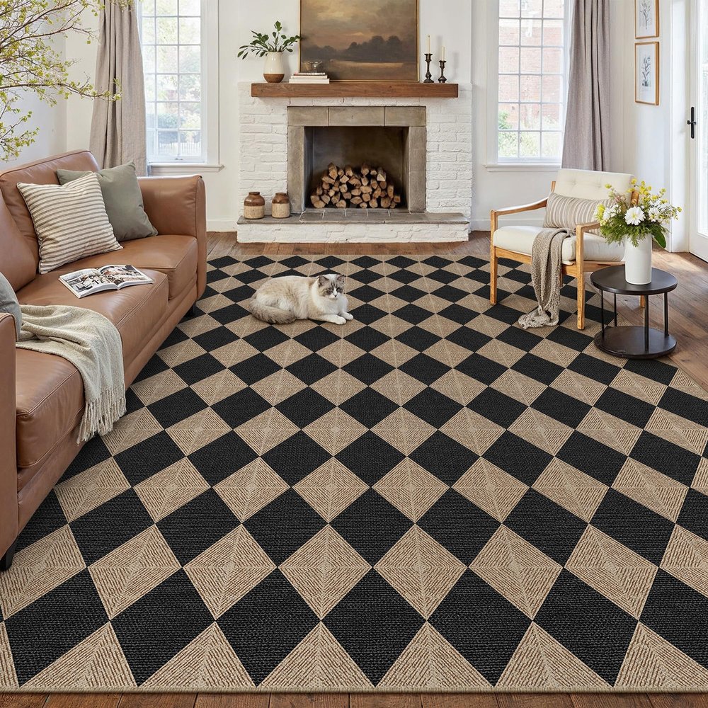 PureCozy 8x10 Black Checkered Washable Area Rug Indoor Outdoor Non Slip