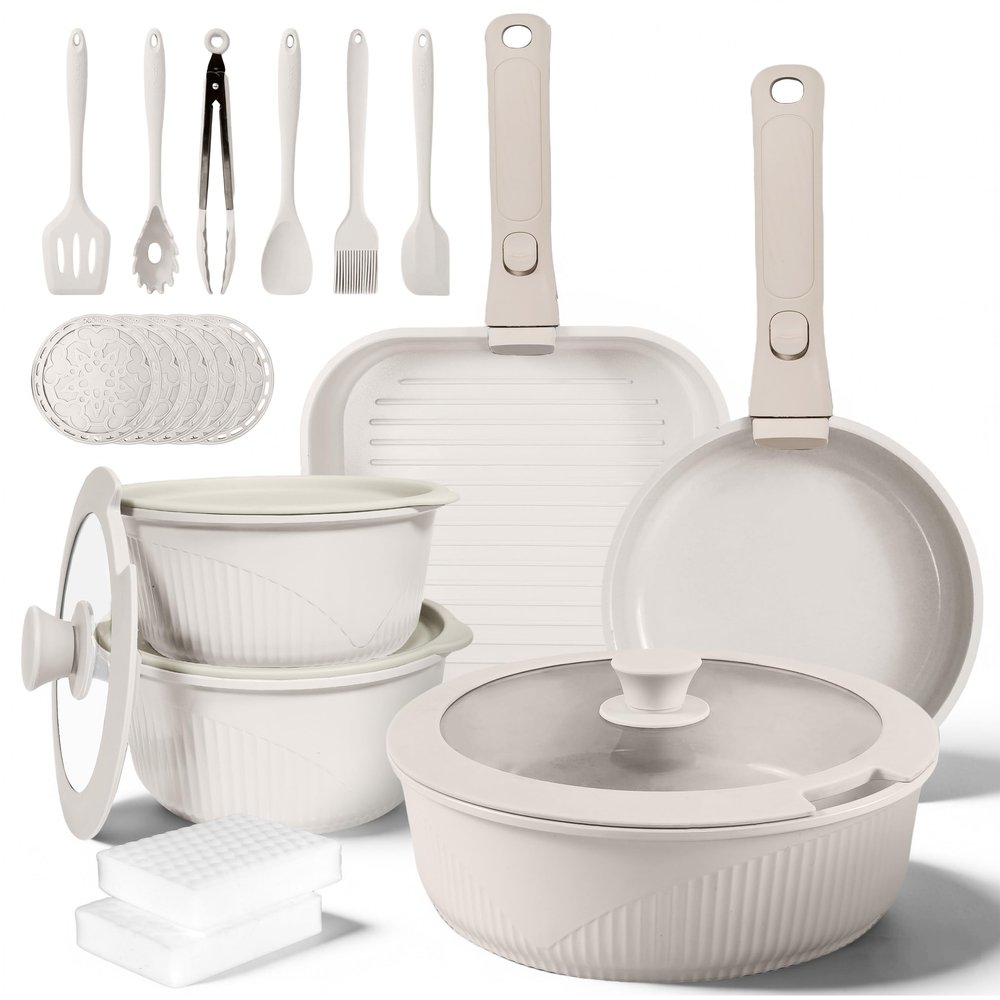 24-Piece Non-Stick Aluminum Cookware Set, Kitchen Collection with Glass Lids, Stackable Storage, PFOA-Free, 8-inch Skillet, Plastic Handle, Hand Wash Recommended (WHITE)