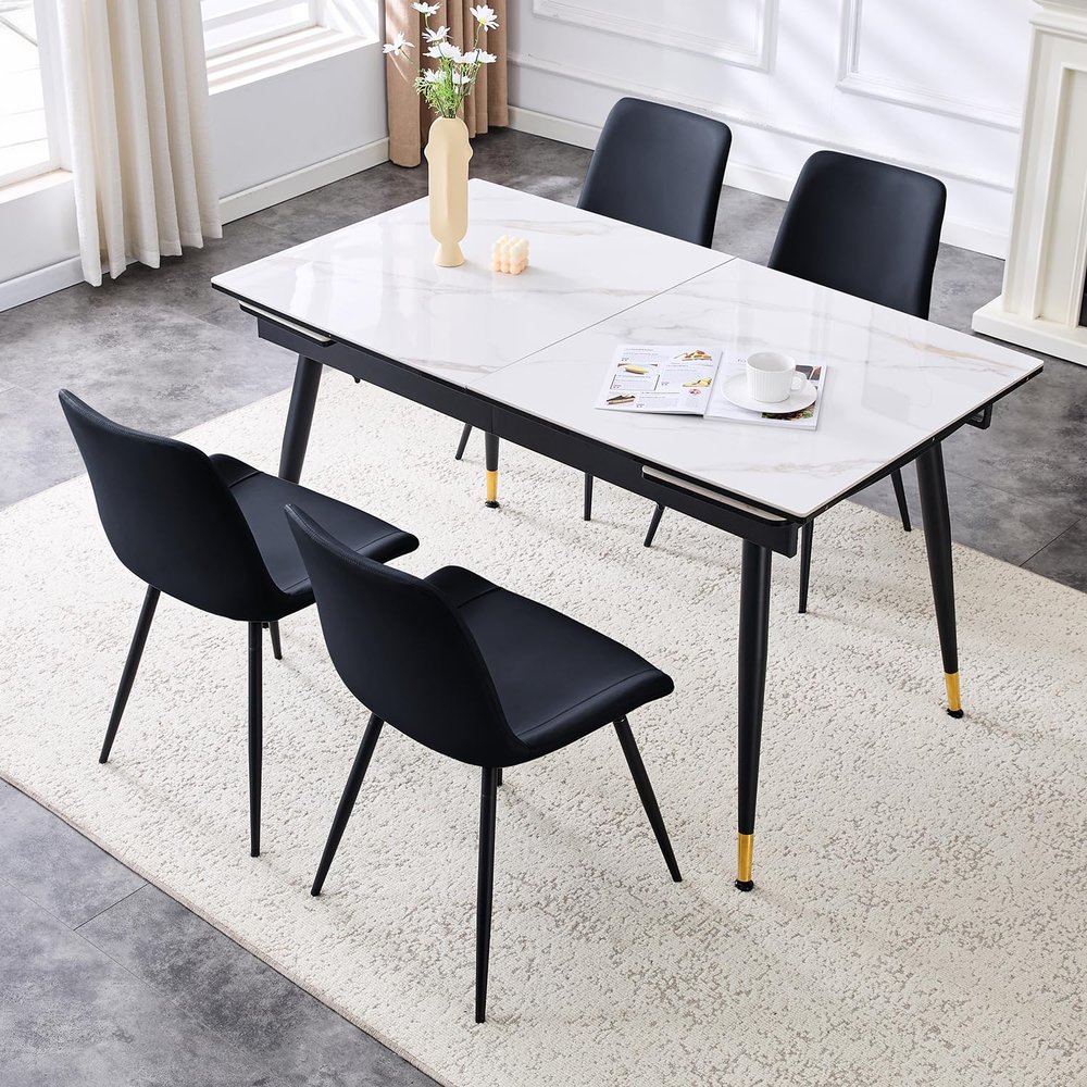 55In-79In Expandable Dining Table Set for 4, Modern Thickened Sintered Stone Dining Room Table with 4 Black Chairs Rectangular Space Saving Expanding Kitchen Table