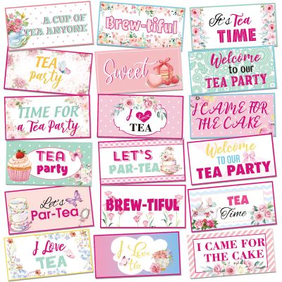 24 Designs Tea Party Photo Booth Props Double Sided 11.02 x 5.51'' Photo Booth Props Tea Party Decorations Set DIY Water Proof Selfie Sign PVC Printing for Women Garden Bridal Shower Birthday Supplies