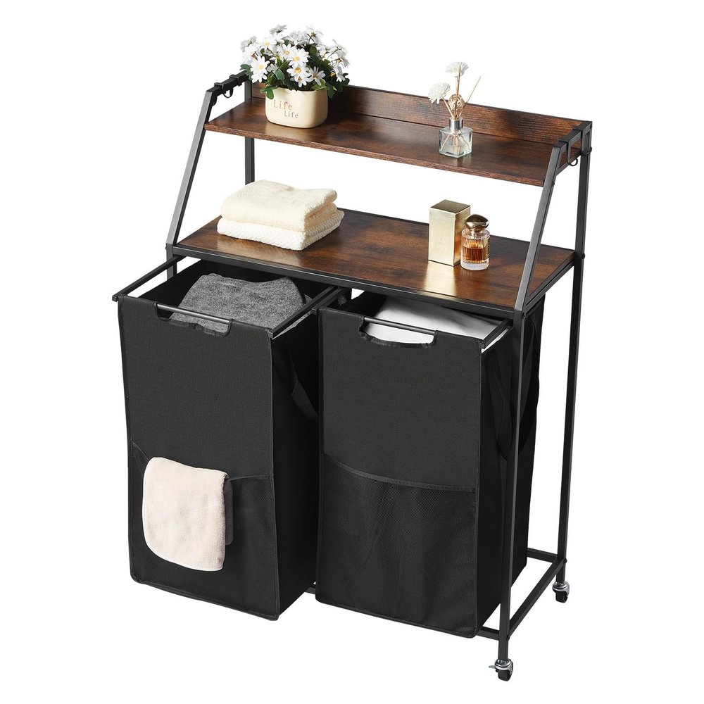 2-Tier Laundry Sorter Organizer Cart Wheels Hooks, Dual Compartments Clothes Hamper