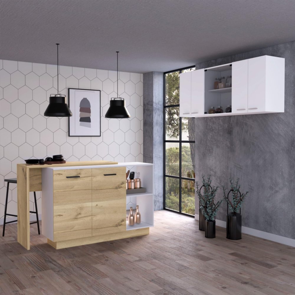 White and Light Oak 2-Piece Kitchen Set with Island and Wall Cabinet