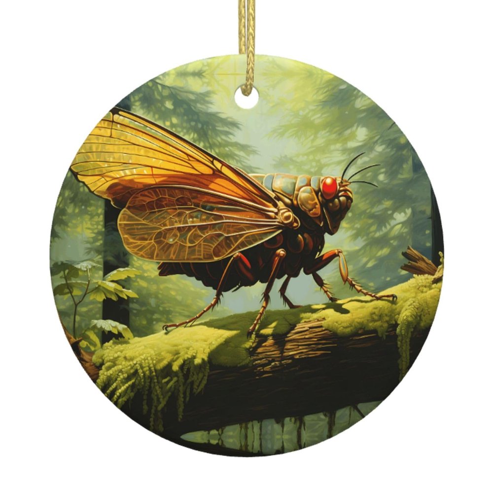 Grasshopper on a Branch Patterned Round Ceramic Ornaments - Christmas Tree Decorations, Adding Warmth and Sparkle to Holiday Parties