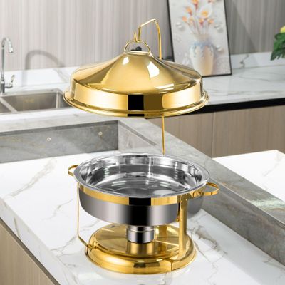 ZREVSB Luxe gouden 9L roestvrijstalen Chafing Dish buffetset, Ronde Chafing Dish Servers en voedselwarmers met deksel (Goud)