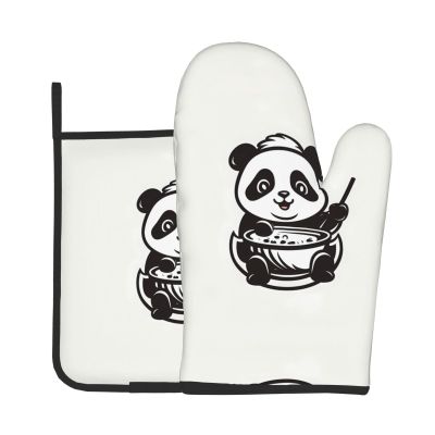 WZYWHJ Baby Panda Eating Food Printed Oven Mitts and Pot Holders Set for Cooking, Microwave, Grilling - with Lanyard Design