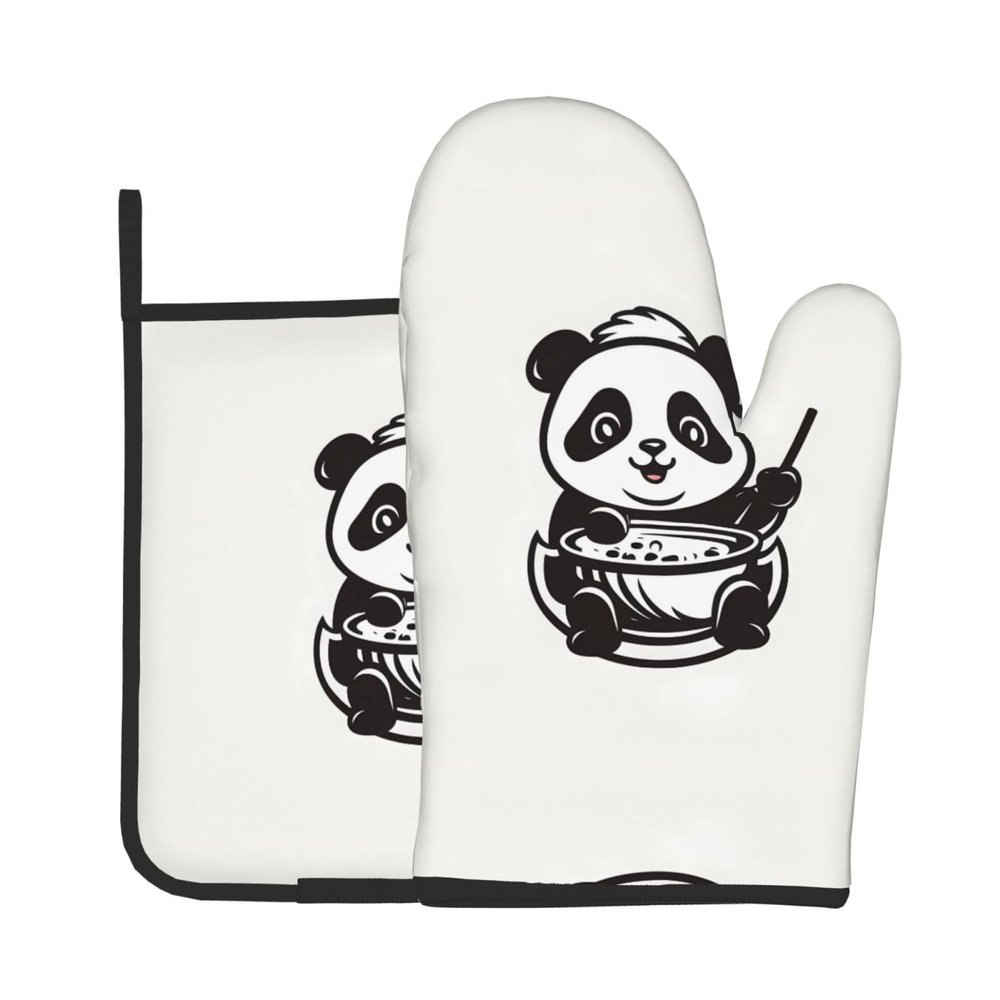 WZYWHJ Baby Panda Eating Food Printed Oven Mitts and Pot Holders Set for Cooking, Microwave, Grilling - with Lanyard Design