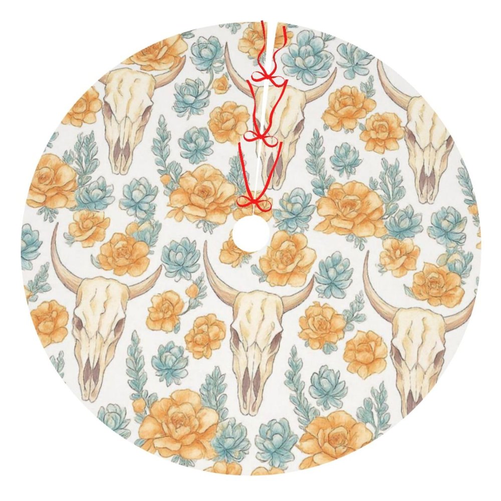 Bull Skull & Floral Christmas Tree Skirt Double-Layer Thicken Pine Needle Tree Mat Decoration 48"