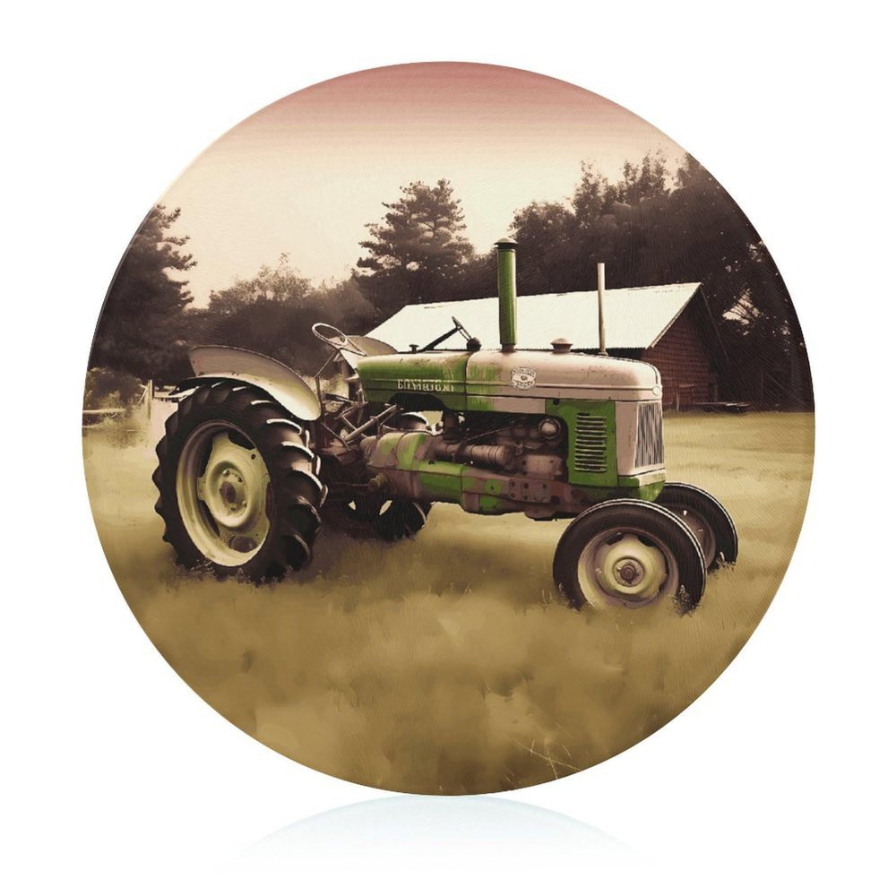 Old Tractor Photo Farm Tempered Glass Cutting Board Kitchen Counter Protector Round Chopping Mat Perfect for Bread Meat Veggies Fruit & More (Diameter: 7.6)