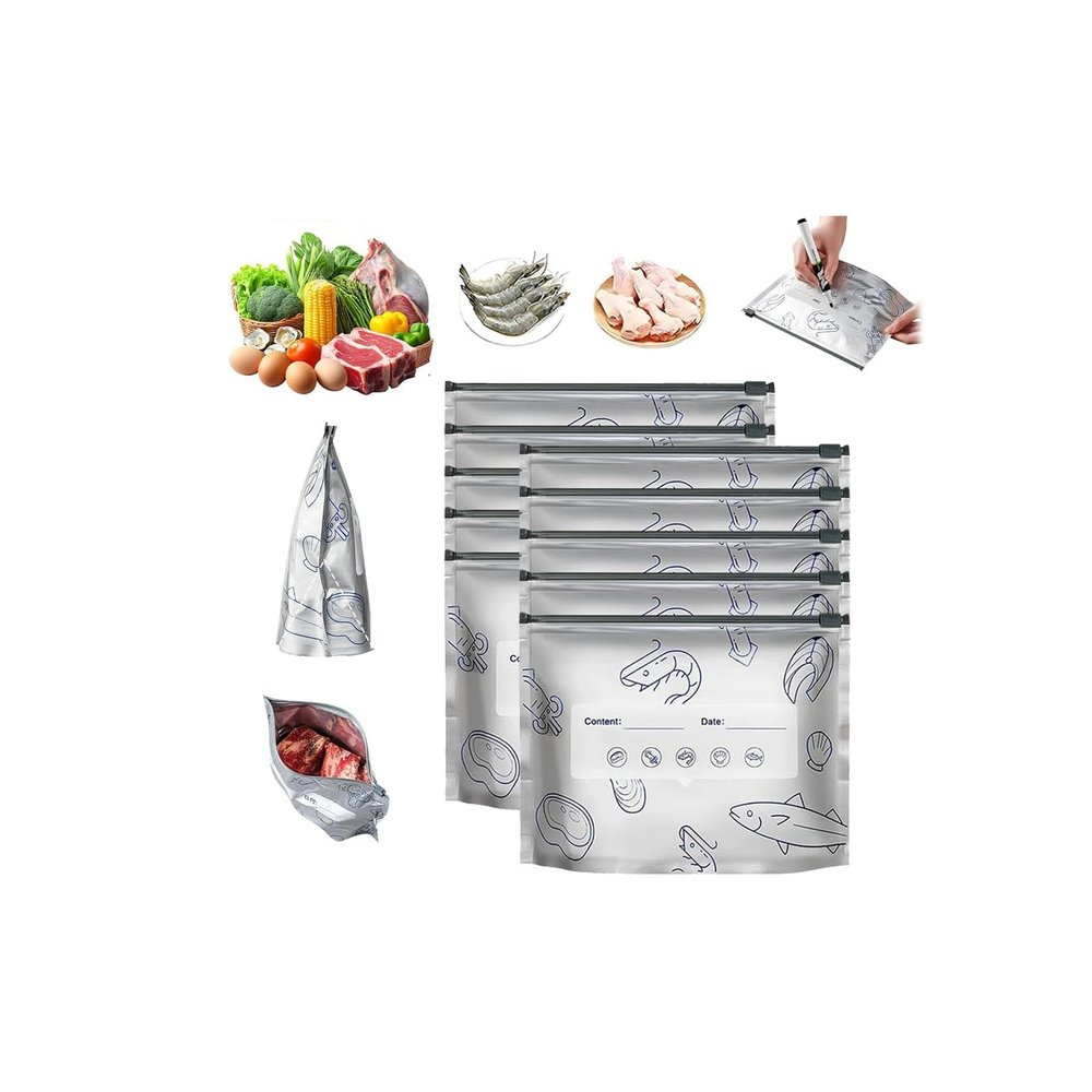 10PC Reusable Aluminum Foil Sealable Storage Bags,2026 New Resealable Vacuum Zipper Pouches for Food,Heat Resistant & Leakproof,Stand Up Foil Sealable Bags w Label Zip Lock for Vegetable Fruit Meat