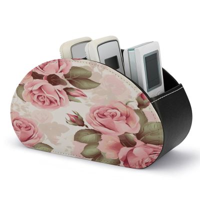 FekiLoot Pink Rose Floral Remote Control Holder, PU Leather Remote Control Organizer Box Stationery Remote Control Box Desk Storage Organizer for DVDs,Glasses,Pens,Media Players