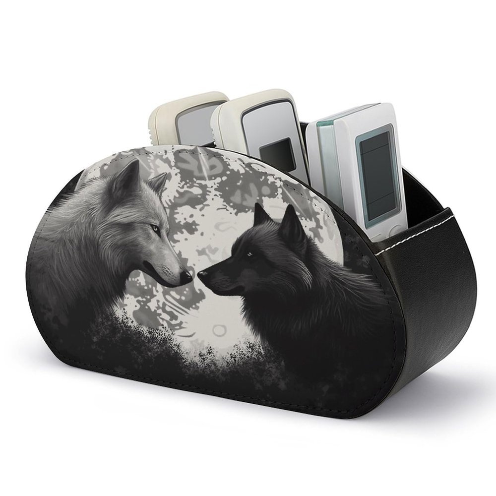 FekiLoot Wolves Love Under The Moon Wild Animal Remote Control Holder, PU Leather Remote Control Organizer Box Stationery Remote Control Box Desk Storage Organizer for DVDs,Glasses,Pens,Media Players