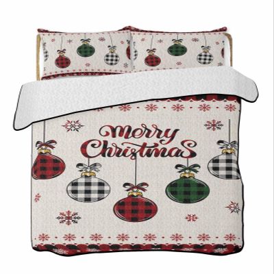 Christmas Bulbs Snowflake Retro Linen Twin XL Quilt Bedding Set,Summer Quilt Lightweight Quilted Coverlet with 2 Pillow Shams, XMAS Red Buffalo Plaid 3-Piece Bedspread Quilt Set for All Season