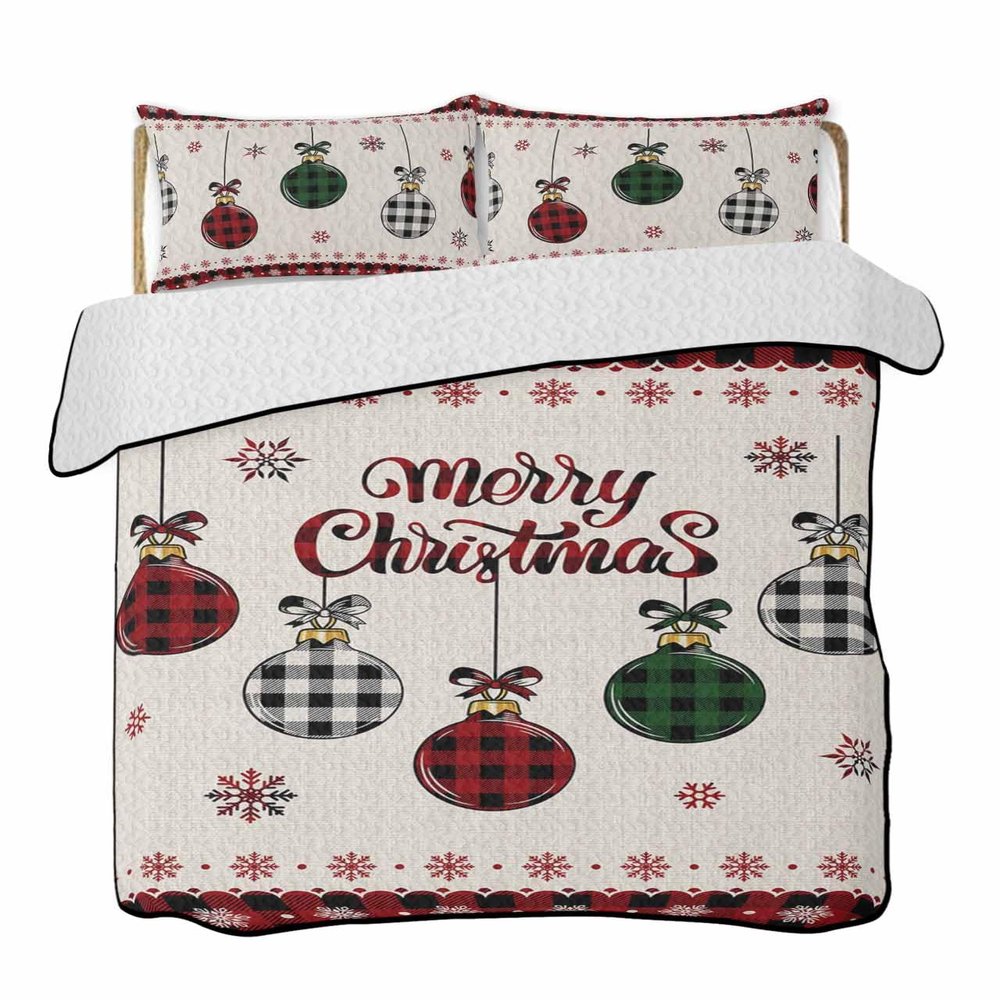 Christmas Bulbs Snowflake Retro Linen Twin XL Quilt Bedding Set,Summer Quilt Lightweight Quilted Coverlet with 2 Pillow Shams, XMAS Red Buffalo Plaid 3-Piece Bedspread Quilt Set for All Season