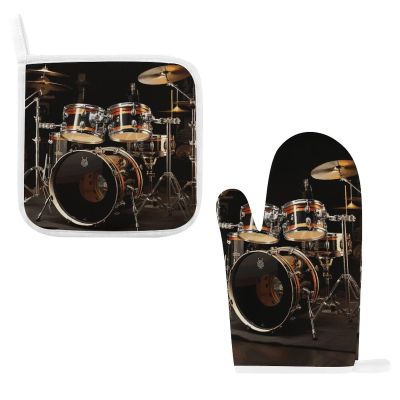 Drum Set Oven Mitts and Pot Holders Kitchen Gloves Heat Resistant Non-Slip Surface,Hanging Loops Hot Gloves Cooking, Baking, BBQ(2-Piece Set)