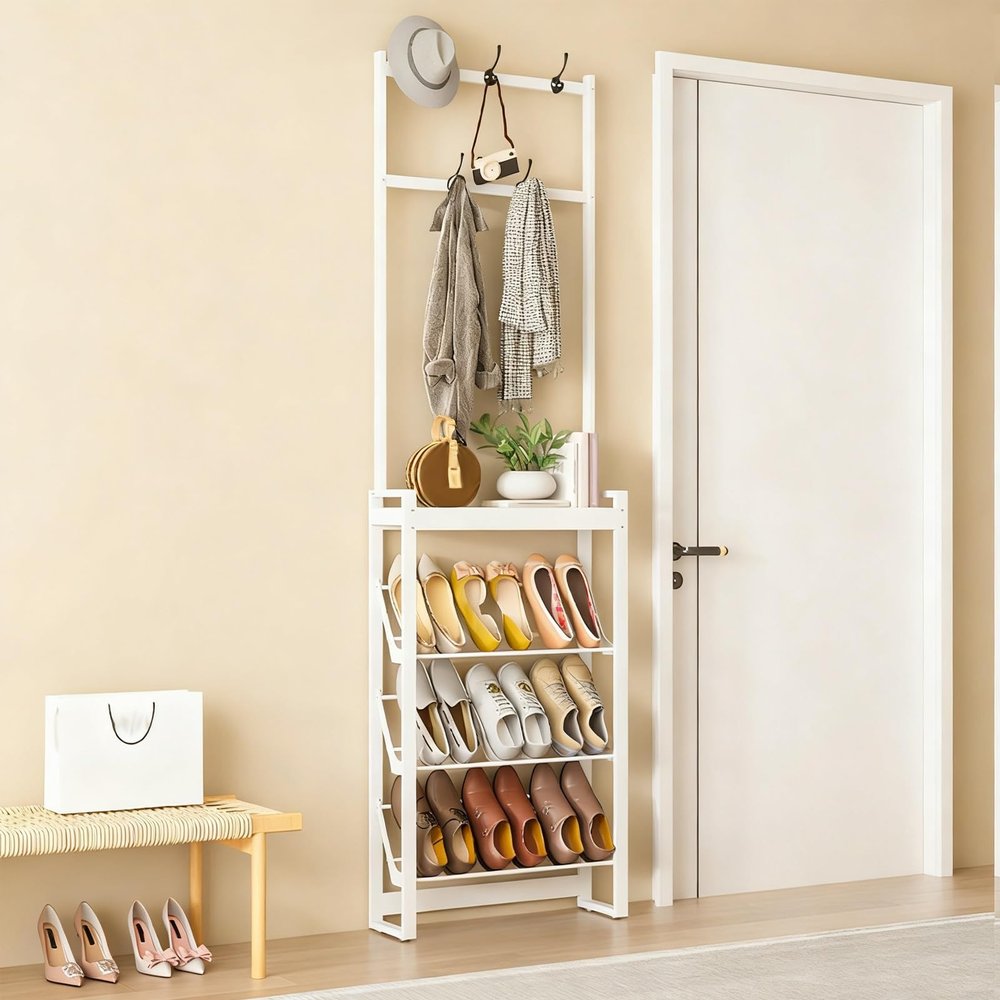 DYUNCZ Narrow Shoe Rack with Coat Rack, 3 Tier Slanted Shoe Storage Organizer, Entryway Coat Rack, Hall Tree with Storage and Hooks, Metal Frame, Space-Saving(White,80x17x170cm)