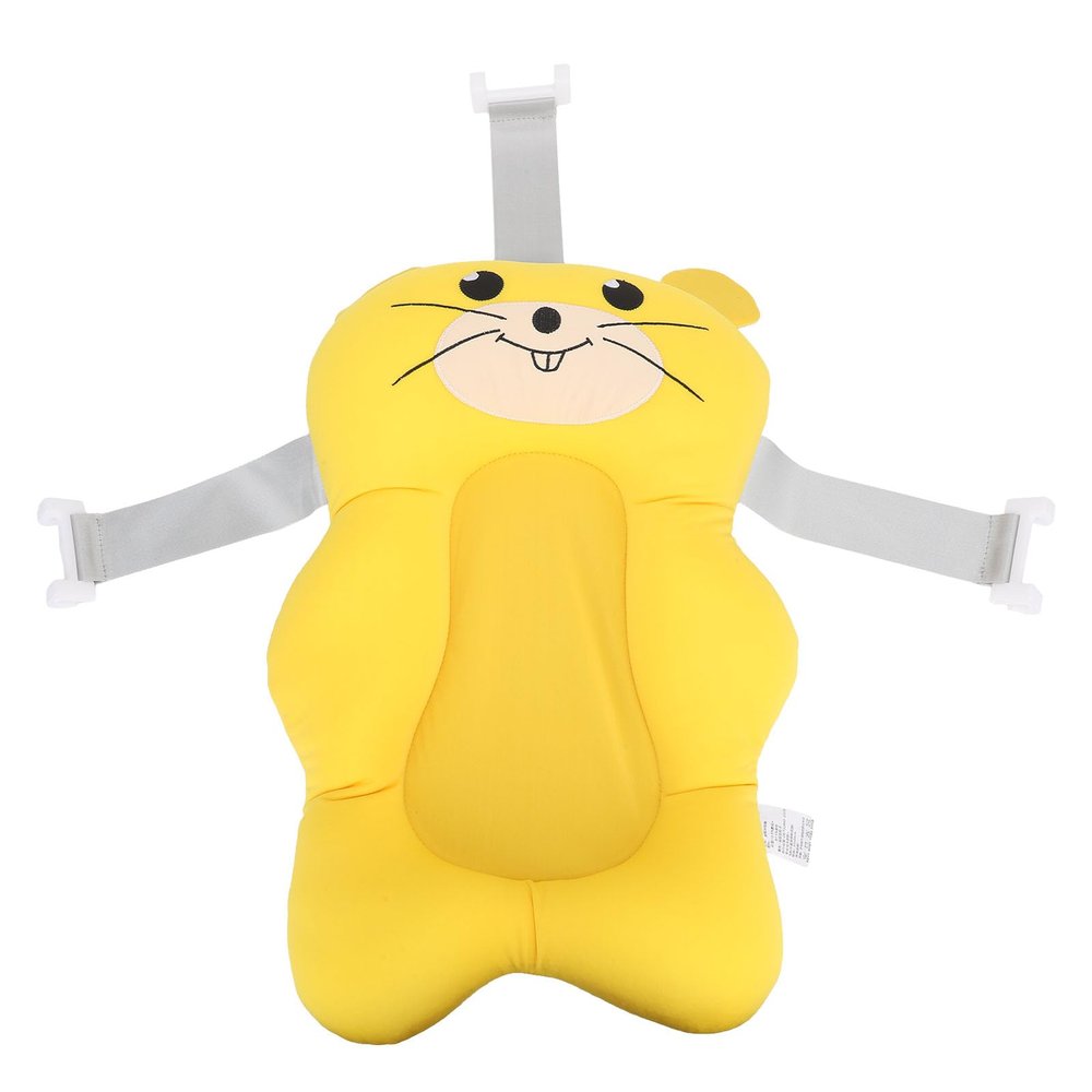 Baby Bath Tub Cushion Cartoon Animal Shaped Soft Pillow Adjustable Strap Sink Bath Mat for Infants and Newborns Milk Silk Fabric Yellow 50 x 34cm