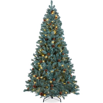 Best Choice Products 7.5ft Pre-Lit Pre-Decorated Pine Artificial Christmas Tree w/ 1,346 Tips, 80 Pinecones, 550 Lights, Base Blue Spruce