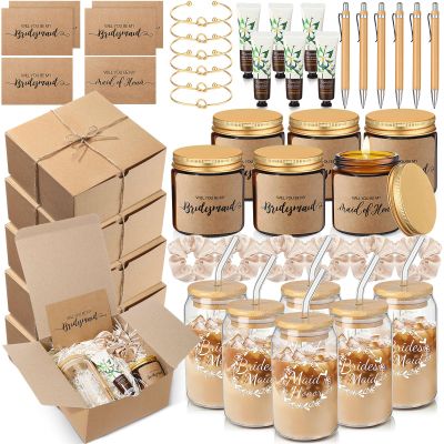 Teenyyou 60 Pcs Bridesmaid Proposal Gifts Bridesmaid Box Set, Maid of Honor Gifts Include Box Glass Cup Candle Cards Hair Ties Knotted Bracelets Hand Cream Diamond Pens(Brown)