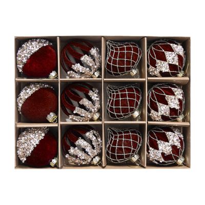 12 Pcs Burgundy Velvet Christmas Ornaments Balls Flocked Christmas Tree Velvet Balls Shatterproof Decor with Rhinestones for Tree Wedding Holiday Party Home, 2.36"