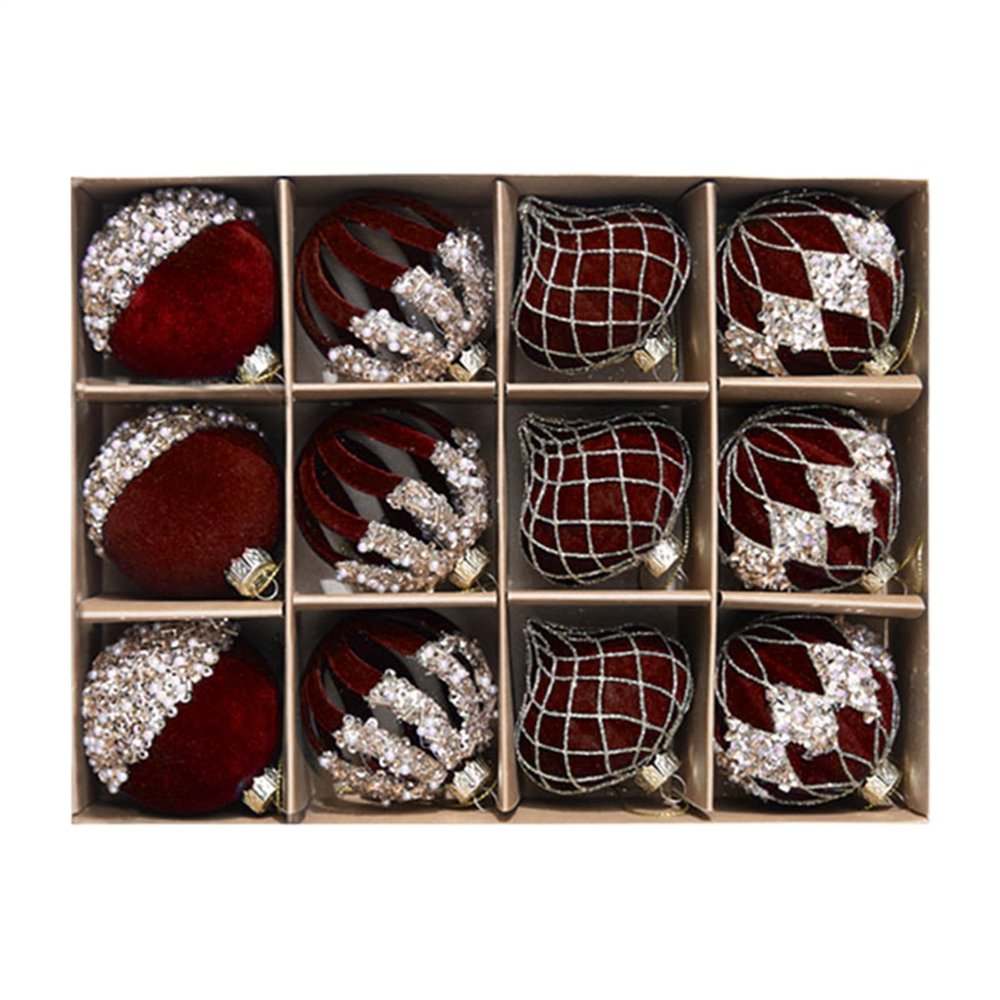 12 Pcs Burgundy Velvet Christmas Ornaments Balls Flocked Christmas Tree Velvet Balls Shatterproof Decor with Rhinestones for Tree Wedding Holiday Party Home, 2.36"