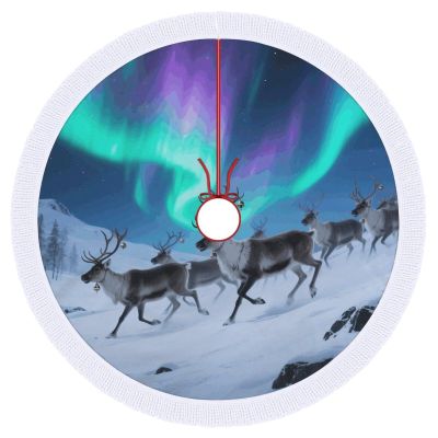 Christmas Tree Skirt - Reindeer Under Aurora Xmas Tree Mat with Tassel for Farmhouse Holiday Decor, Winter Xmas Tree Collar for Indoor Outdoor Christmas Decorations 30"x30"