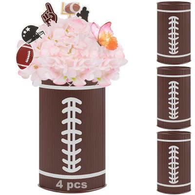 4Pcs Football Table Centerpiece VaseGalvanized Metal Football Vases Decor, Rugby Ball Vase for Pen Holder Utensil Holder for Football Day,Rugby Party Table Decorations,Thanksgiving Home Gifts