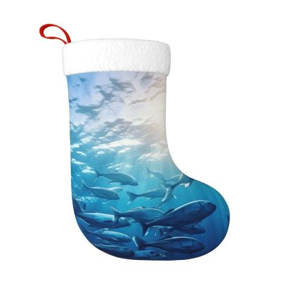 Blue Ocean Underwater Fish Print Christmas Stockings,Knitted Xmas Decorations,for Festive Gifts and Family Gatherings