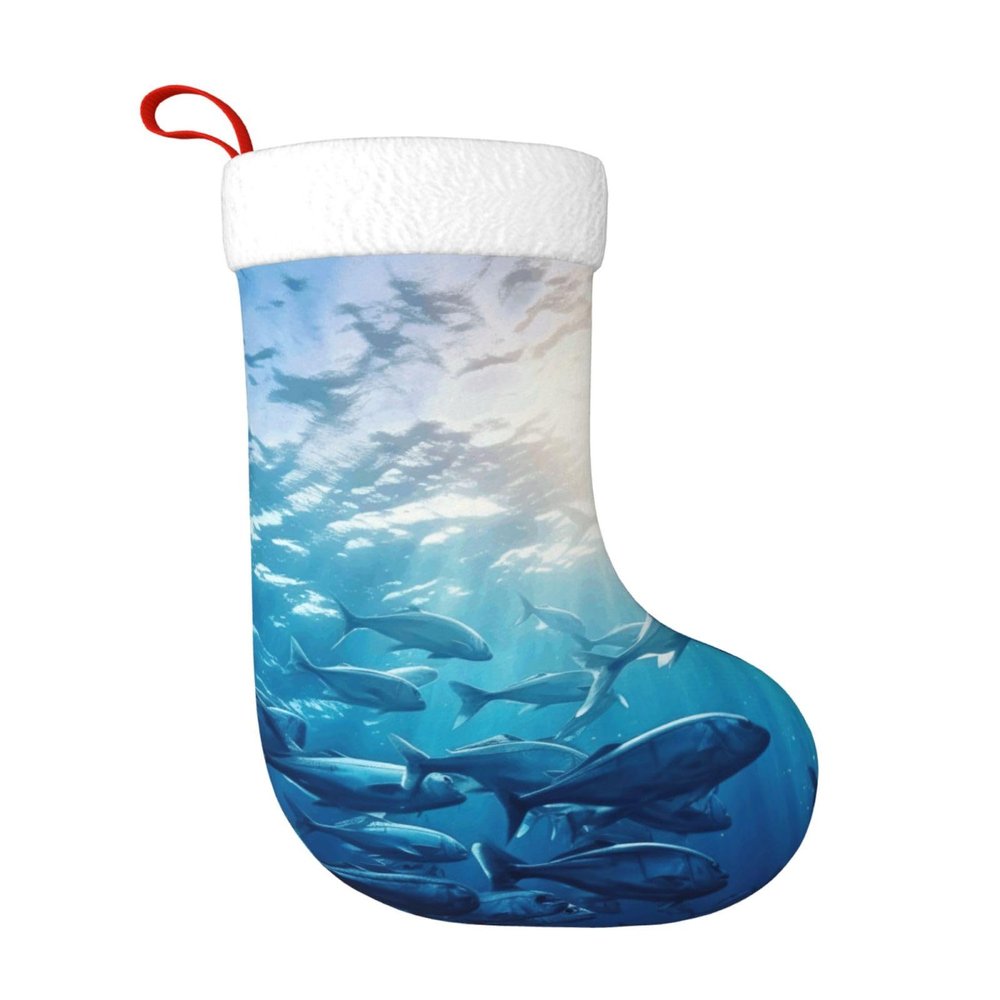Blue Ocean Underwater Fish Print Christmas Stockings,Knitted Xmas Decorations,for Festive Gifts and Family Gatherings