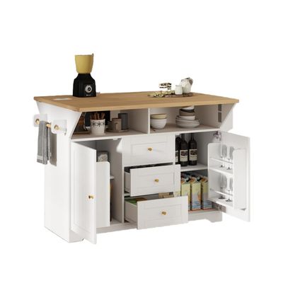 Multifunctional Extendable Kitchen Island Cart with US Standard Outlet, 47 * 18 * 36inch, 5 Wheels Mobile Kitchen Storage Cabinet,1 inchThick Top Board with Clear Manual and Installation Video
