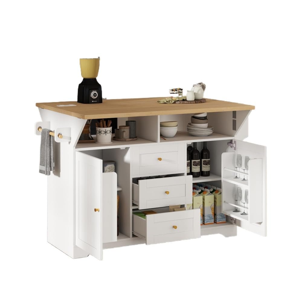 Multifunctional Extendable Kitchen Island Cart with US Standard Outlet, 47 * 18 * 36inch, 5 Wheels Mobile Kitchen Storage Cabinet,1 inchThick Top Board with Clear Manual and Installation Video