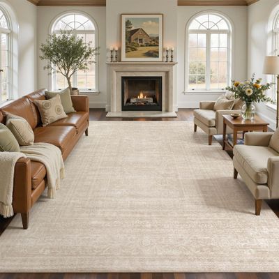12x15 Area Rug Living Room: Washable Large Vintage Beige Rugs Neutral Non-Slip Soft Stain Resistant Indoor Carpet for Bedroom Nursery Dining Room Under Table Bed Home House Office Playroom