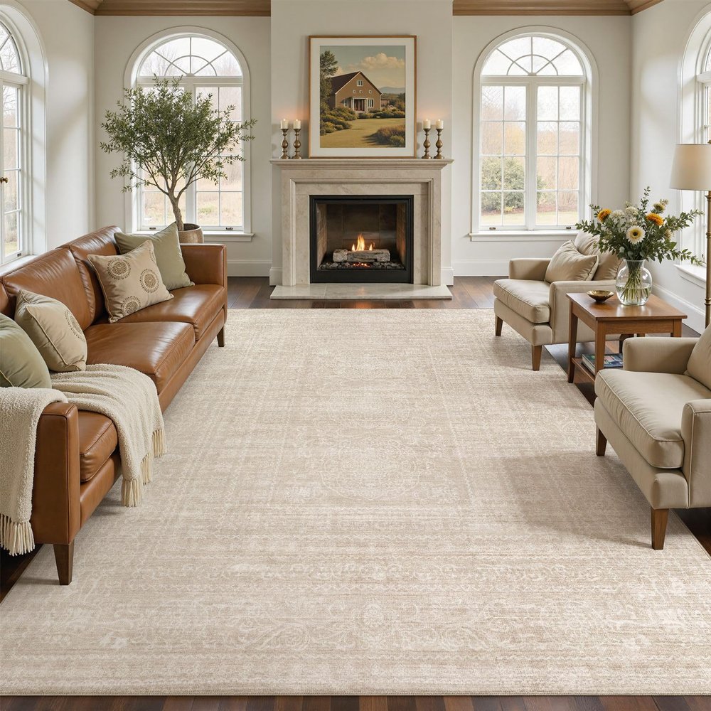 12x15 Area Rug Living Room: Washable Large Vintage Beige Rugs Neutral Non-Slip Soft Stain Resistant Indoor Carpet for Bedroom Nursery Dining Room Under Table Bed Home House Office Playroom