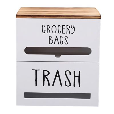 BOSREROY Wall Mount Dual Wooden Trash, Grocery Bag Dispenser Holder, Kitchen White, Space Saving Long-Lasting