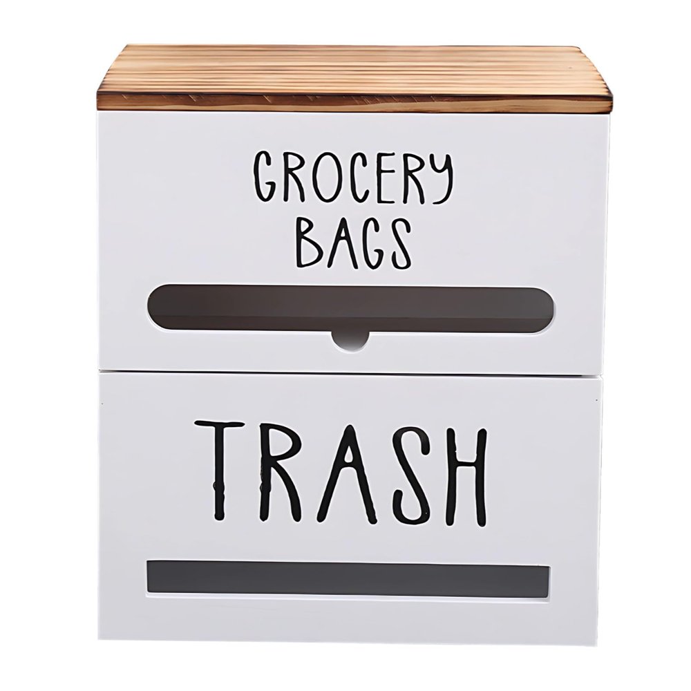 BOSREROY Wall Mount Dual Wooden Trash, Grocery Bag Dispenser Holder, Kitchen White, Space Saving Long-Lasting