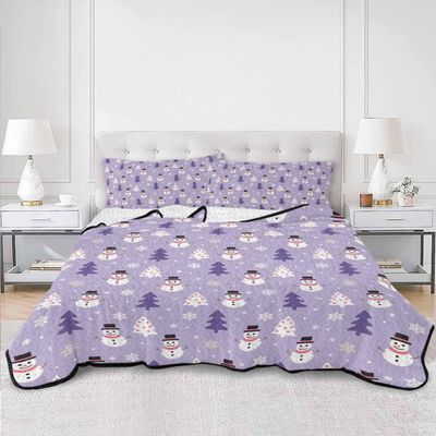 Summer Quilts Twin XL Size, Lightweight Quilted Coverlet Purple Christmas Snowman Comforter Set for Bed, All Season Bedspreads Winter Snowflakes Xmas Trees Quilt Bedding with 2 Pillowcases 68x98 Inch
