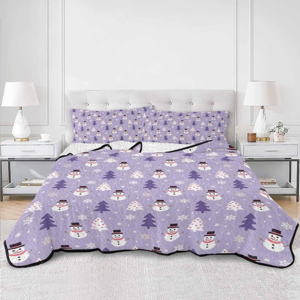 Summer Quilts Twin XL Size, Lightweight Quilted Coverlet Purple Christmas Snowman Comforter Set for Bed, All Season Bedspreads Winter Snowflakes Xmas Trees Quilt Bedding with 2 Pillowcases 68x98 Inch