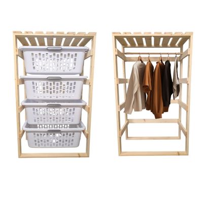 Wooden Laundry Storage System with Hanging Rod, Natural Solid Wood Frame, 4 White Baskets, 58.5x28.5x20 Inches, Clothes Organizer Rack
