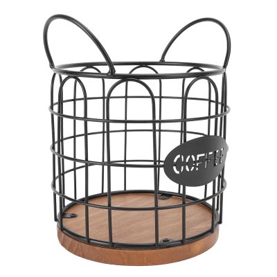 AUNMAS Coffee Pod Storage Basket, Modern Minimalist Large Capacity Iron Wire Coffee Pod Holder With Weighted Wooden Base For Home Cafe Bar (Black)