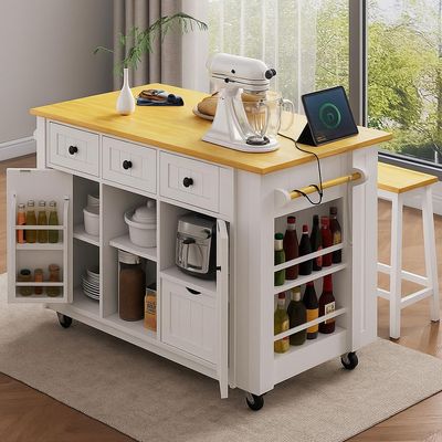 JewMOTO K&K 53inch Large Kitchen Island with Drop Leaf, Power Outlet, Door Internal Storage Rack, Rolling Kitchen Cart on 5 Wheels with 5 Open Side Racks for Kitchen, Dining Room,White