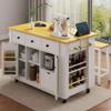 JewMOTO K&K 53inch Large Kitchen Island with Drop Leaf, Power Outlet, Door Internal Storage Rack, Rolling Kitchen Cart on 5 Wheels with 5 Open Side Racks for Kitchen, Dining Room,White view 1
