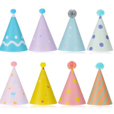 Zelphvt 8PCS Mini Birthday Hats for Stuffed Animals Dog Cat Party Hats with Pom Poms Cute Small Stuffed Animal Birthday Party Hat for Kittens Rabbits, Small Dogs