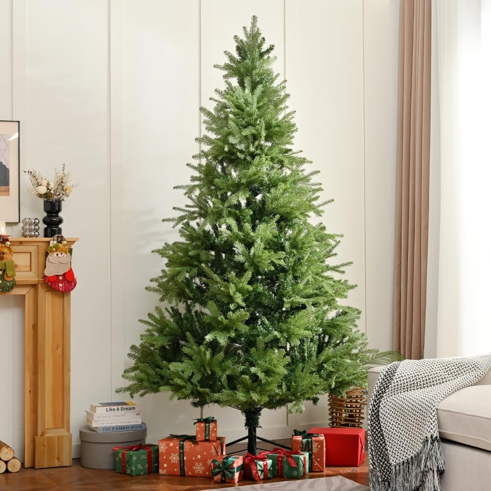 7ft Artificial Christmas Tree, Premium PE+PVC Unlit Tree with Hinged Design & Dense Realistic Branches, Classic Green (7FT)