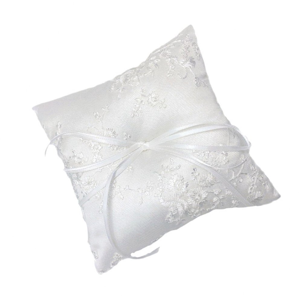 RSHuiOUXX Handmade Beads Tulle Rings Pillow for Weddings with Lace Appliques and Bowknot Decoration Fabric Rings Holder