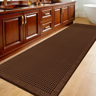 Accumtek Extra Large Waffle Bath Mat, 6'x2' Brown, Super Absorbent Non-Slip Quick Dry Bathroom Rugs with Tassels, Machine Washable Ultra Soft Boho Bath Rugs for Floor, Toilet Mats Boho Farmhouse Decor