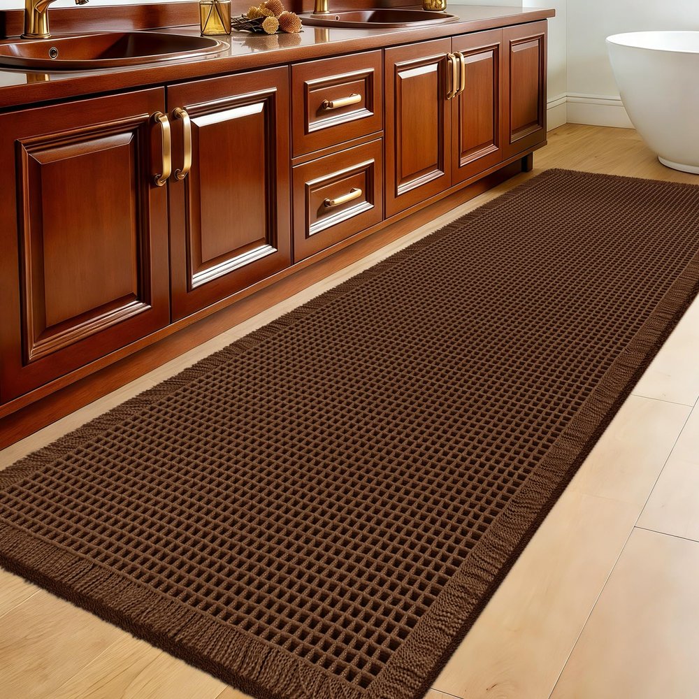 Accumtek Extra Large Waffle Bath Mat, 6'x2' Brown, Super Absorbent Non-Slip Quick Dry Bathroom Rugs with Tassels, Machine Washable Ultra Soft Boho Bath Rugs for Floor, Toilet Mats Boho Farmhouse Decor