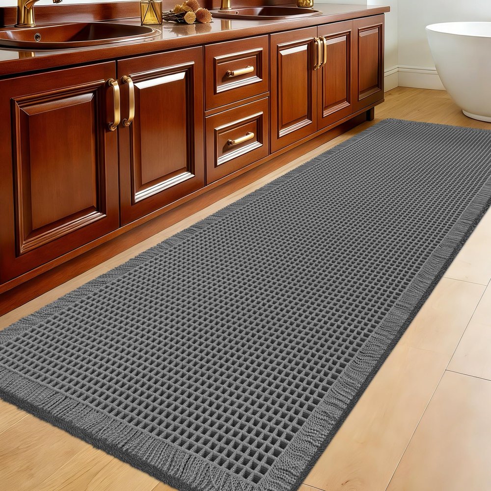 ACCUMTEK Extra Large Waffle Bath Mat, 6'x2' Grey, Super Absorbent Non-Slip Quick Dry Bathroom Rugs with Tassels, Machine Washable Ultra Soft Boho Bath Rugs for Floor, Toilet Mats Boho Farmhouse Decor
