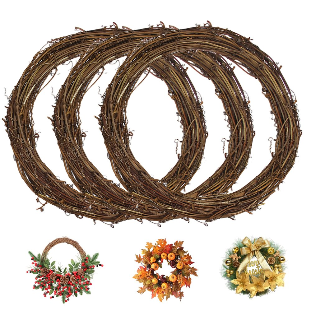 3PCS 14 Inch Natural Grapevine Wreath Ring, DIY Craft Base for Seasonal Decor, Christmas Wreath Form for Front Door