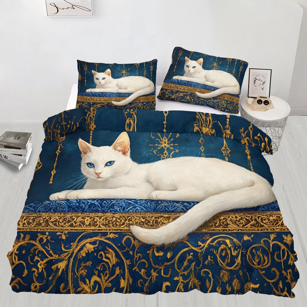 MLWC Cat Comforter Set California King Size, Animal Bedding Set, Animal Cat Duvet Cover with Zipper & Ties, Reversible Bedding & Bedroom Decor, 3 Pieces, 2 Pillow Cases