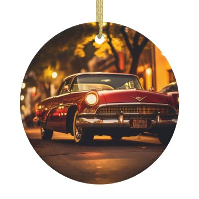 Classic Vintage Cars Printed Ceramic Ornaments Round Christmas Ceramic Ornaments Suitable for Holiday Parties and Fireplace Decorations.